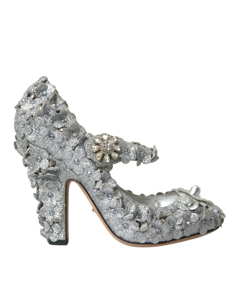 Silver Floral Crystal Mary Jane Pumps Shoes