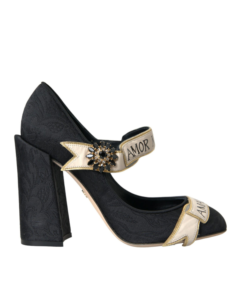 Black Brocade Mary Janes Crystal Pumps Shoes