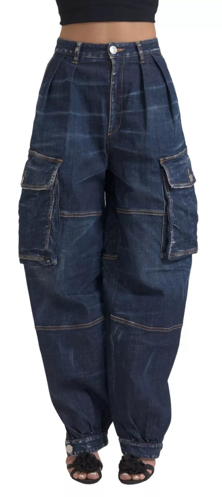 Blue High Waist Cotton Cargo Baggy Denim Jeans