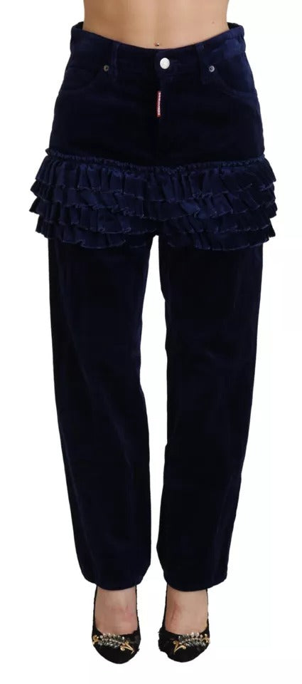 Pantaloni blu con volant a vita alta in cotone denim Boston Fit