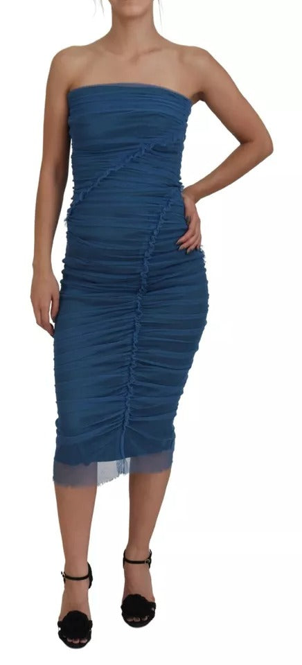 Blue Mesh Trim Ruched Tulle Sheath Dress