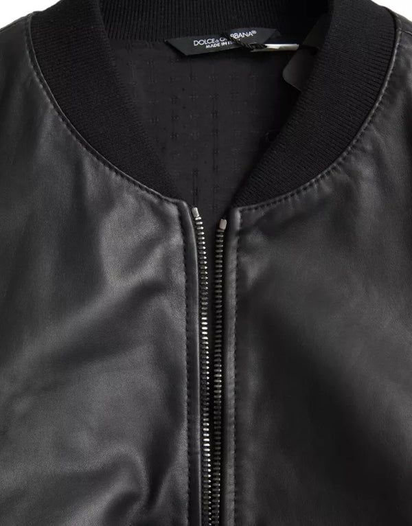 Giacca bomber nera in pelle con zip intera da motociclista Blouson