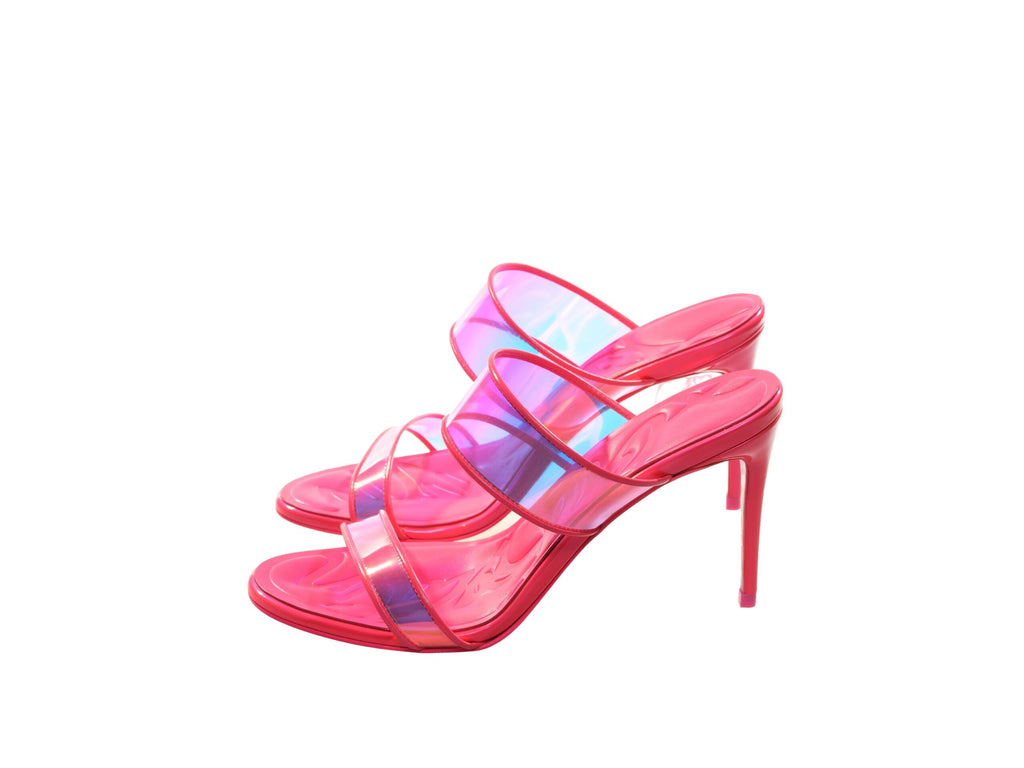 Just Loubi 85 Neon Fluoro Hot Pink Strappy High Heel Mules