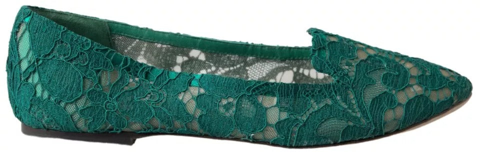 Green Floral Lace Loafers Flats Shoes