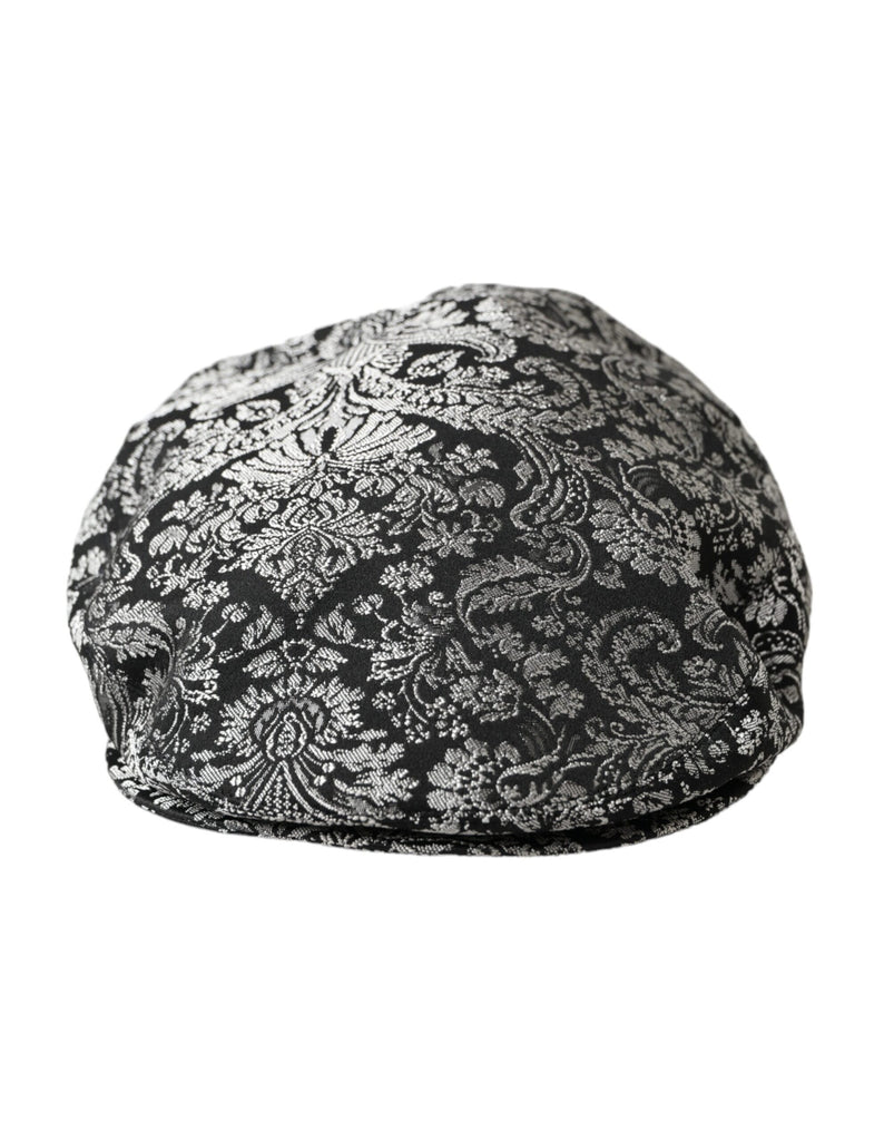 Cappello Newsboy da uomo in jacquard floreale nero argento