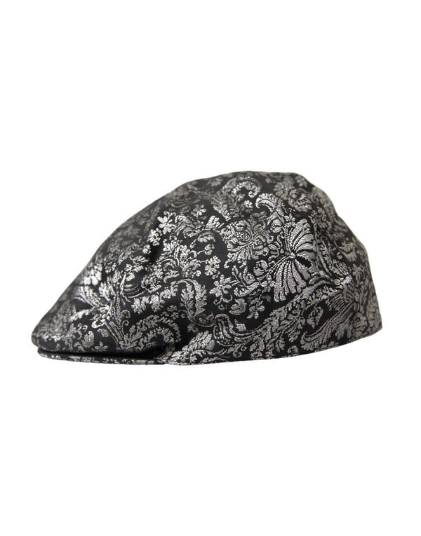 Cappello Newsboy da uomo in jacquard floreale nero argento