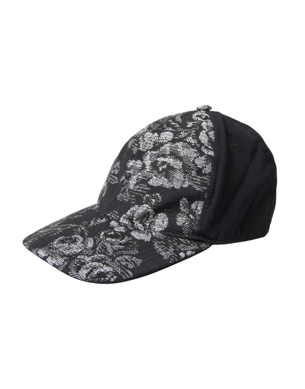 Cappello da baseball nero argento con stampa floreale Uomo