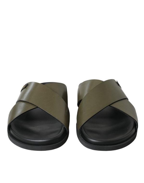 Green Leather Criss-Cross Slide Sandals Shoes