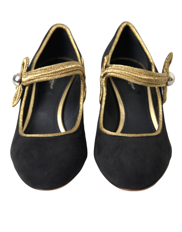 Nero Scamosciato Oro Mary Janes Tacchi Pompe Scarpe