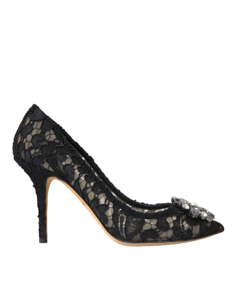 Black Taormina Lace Crystal Heel Pumps Shoes