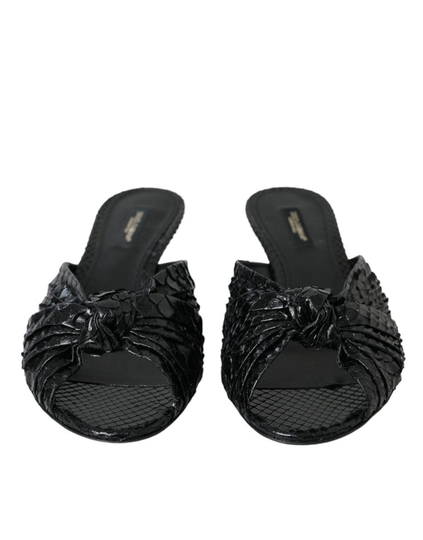 Black Exotic Leather Heels Slides Shoes