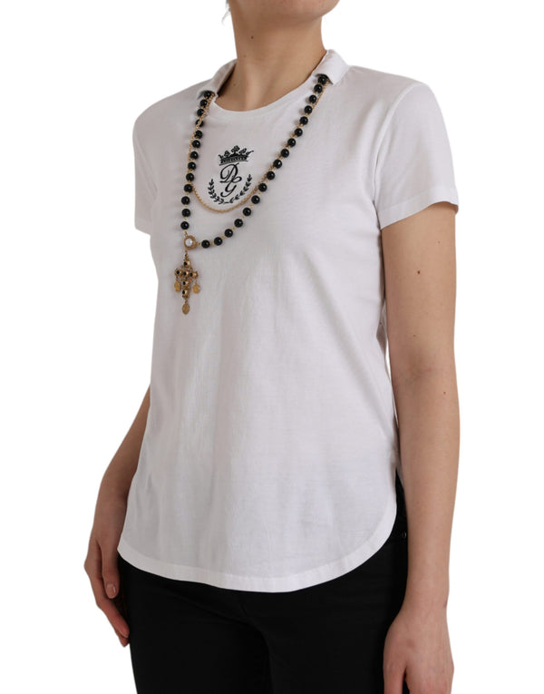 White Cotton Necklace Short Sleeves T-shirt