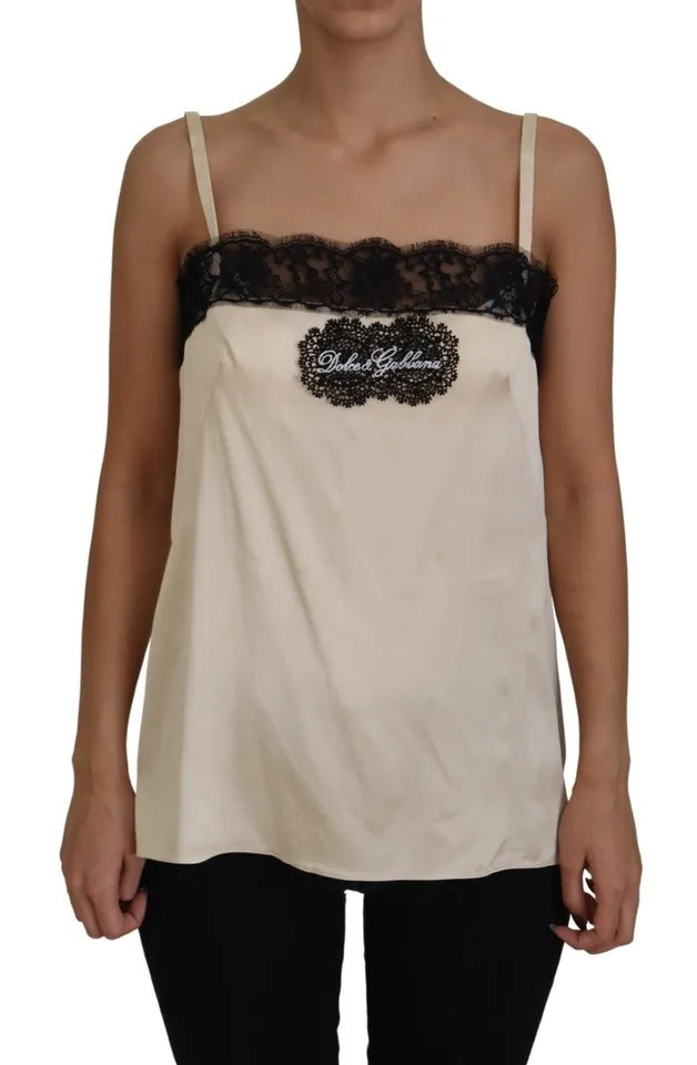 Top in pizzo beige con ricamo logo