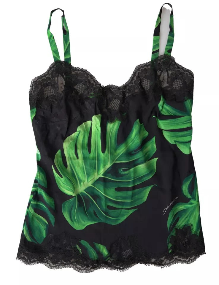 Camisole in seta nera con stampa filodendro Intimo