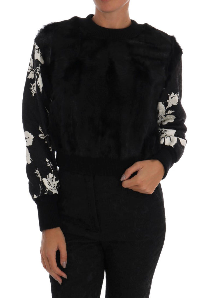 Floral Brocade Black Fur Sweater