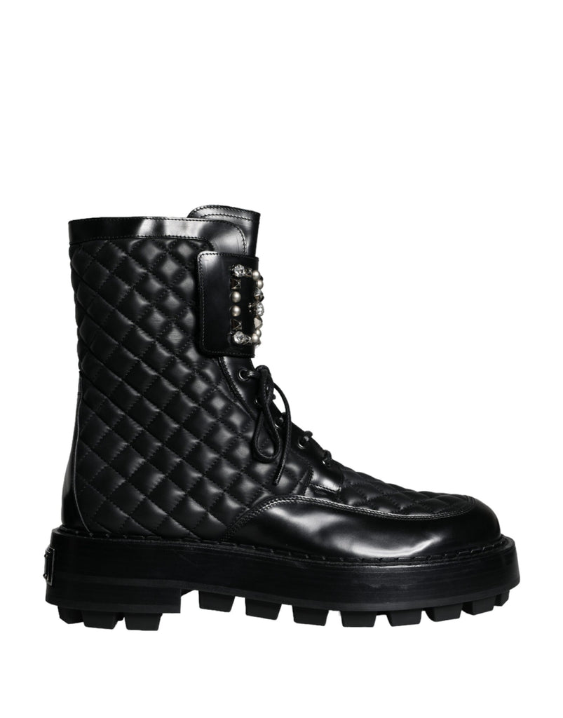 Black Quilted Crystal DG Logo Men Boots Shoes