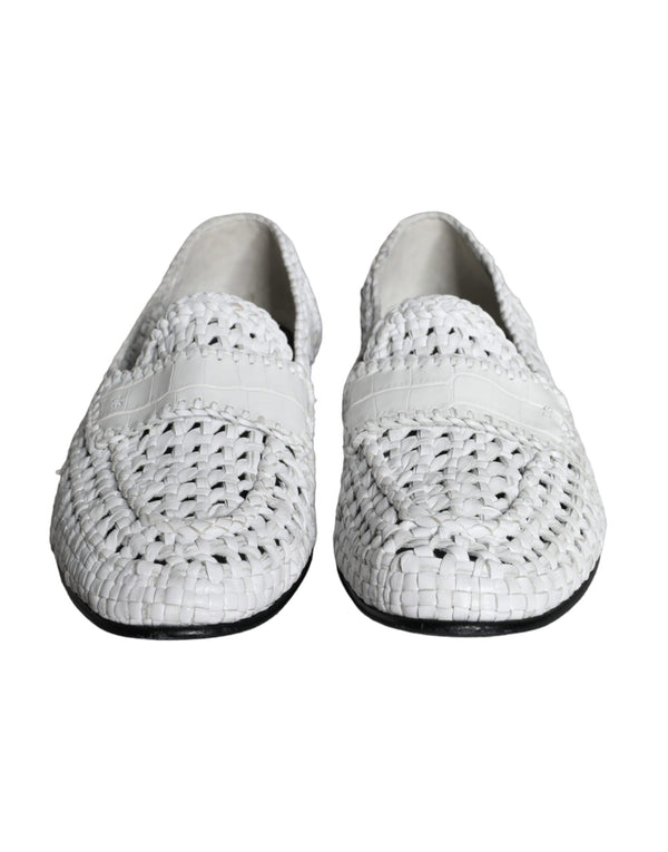 White Woven Leather Slip On Loafers Men Shoes