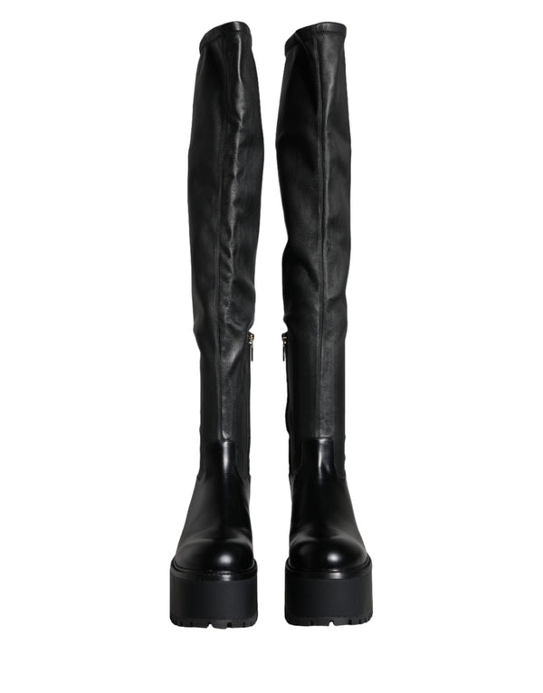 Black Leather Logo Knee High Boots Shoes