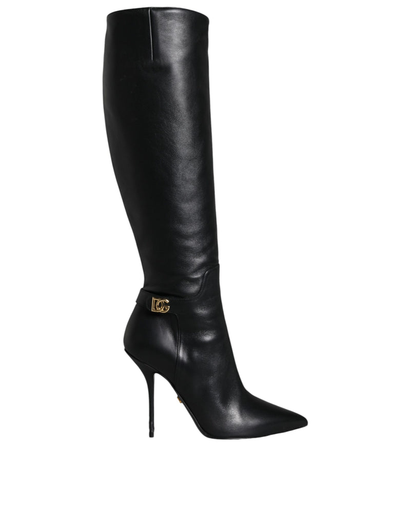 Black Leather Gold Tone Logo High Boots Shoes