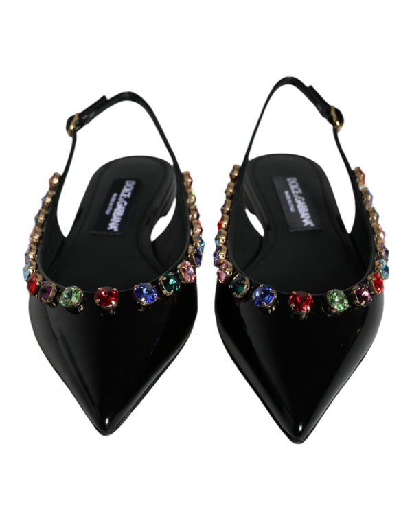 Scarpe Slingback in pelle nera con cristalli