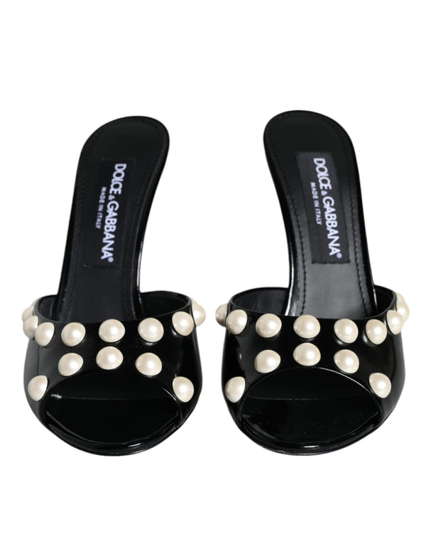 Black Leather Pearls Slides Sandals Shoes