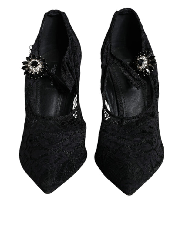 Black Mary Jane Pumps Lace Crystals Heels Shoes