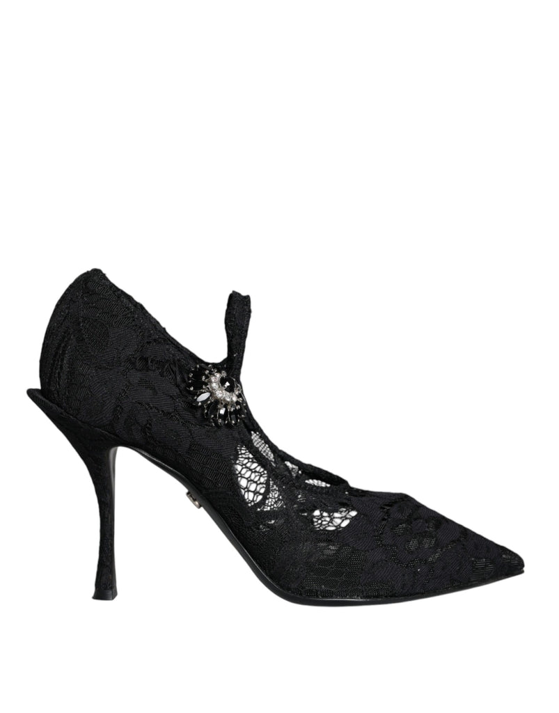 Black Mary Jane Pumps Lace Crystals Heels Shoes