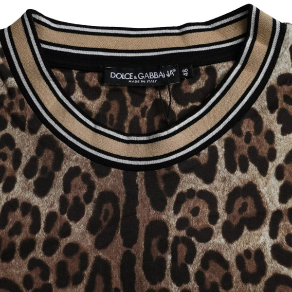 Brown Leopard Print Cotton Crew Neck T-shirt