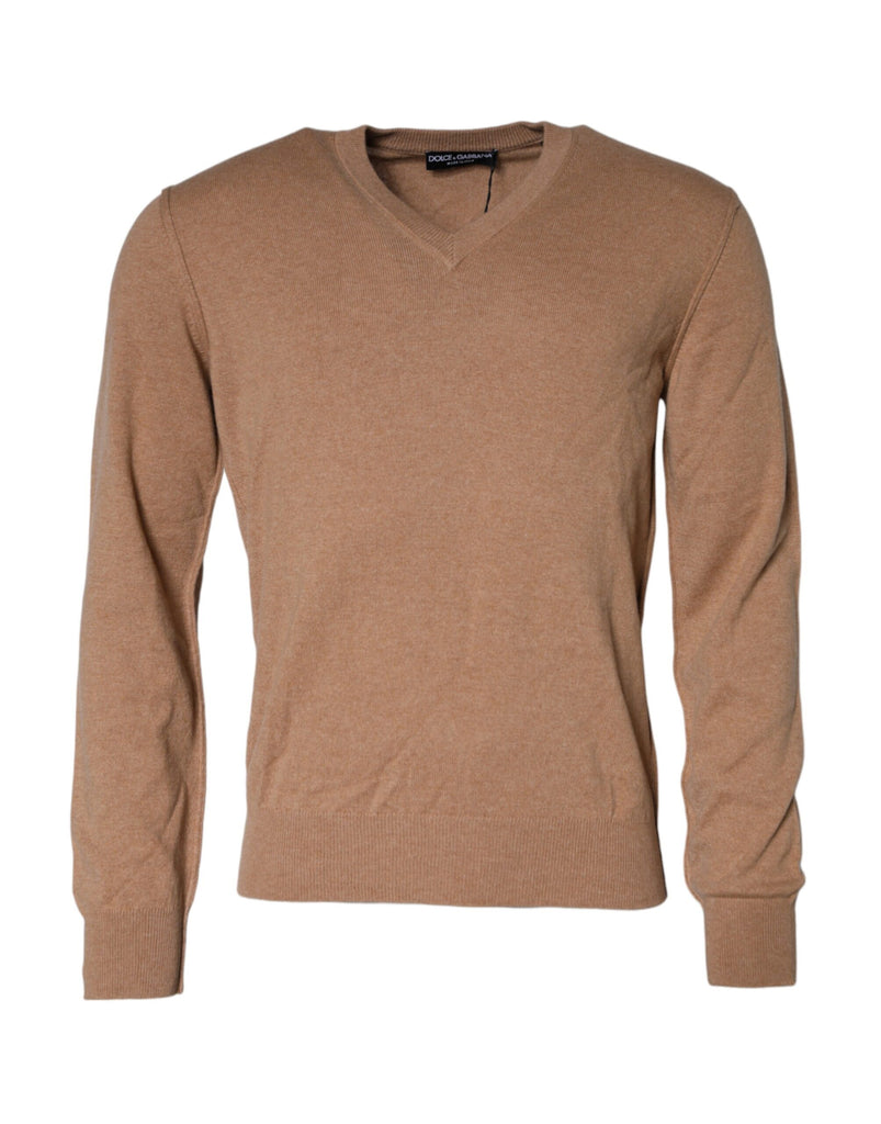 Brown Cashmere Knit V-neck Pullover Sweater