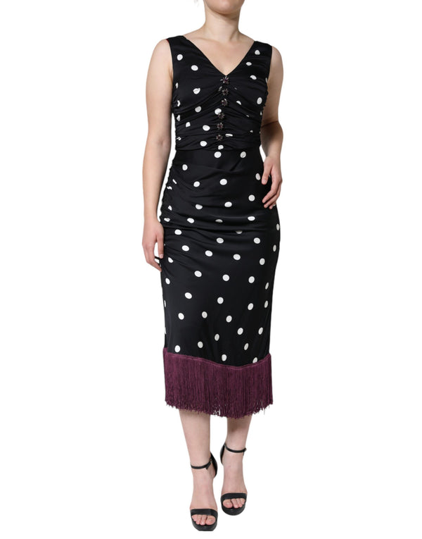 Black Silk Polka Dot V-neck Tassel Midi Dress