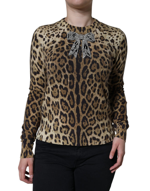 Brown Leopard Embellished Long Sleeve Sweater