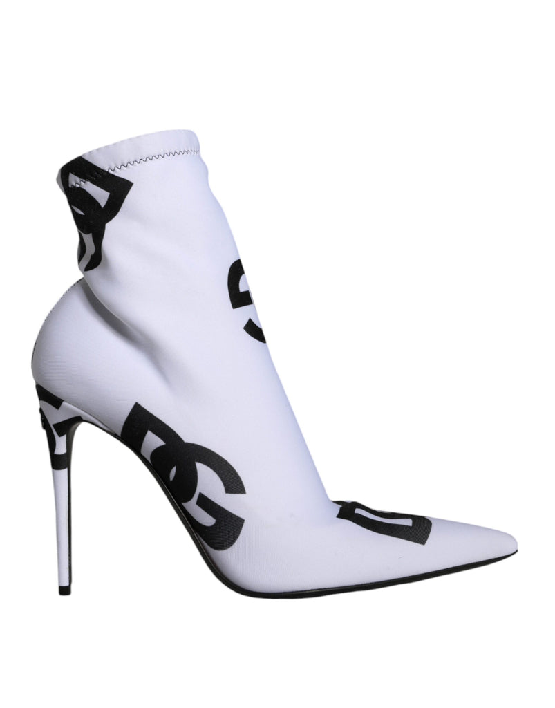 White Logo Stretch Heels Ankle Boots Shoes