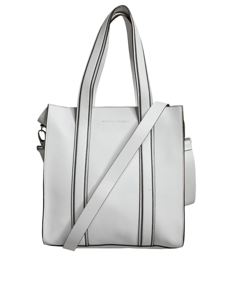 White Leather Logo Shoulder Strap Shopping Tote Bag