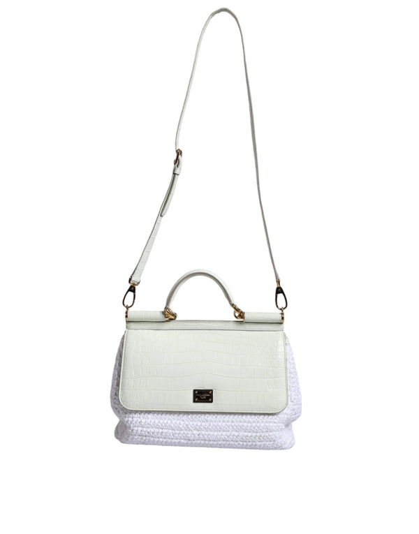 White Rafia Leather Top Handle Crossbody Bag