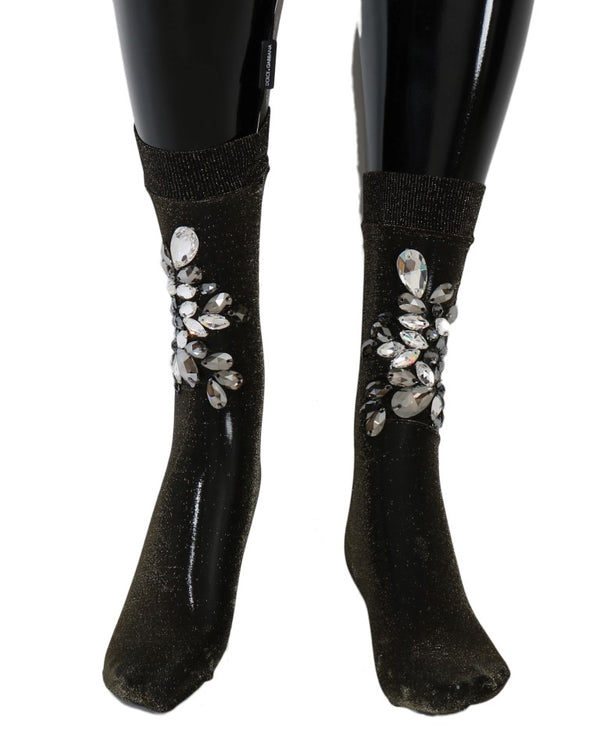 Crystal-Embellished Black Mid-Calf Stockings