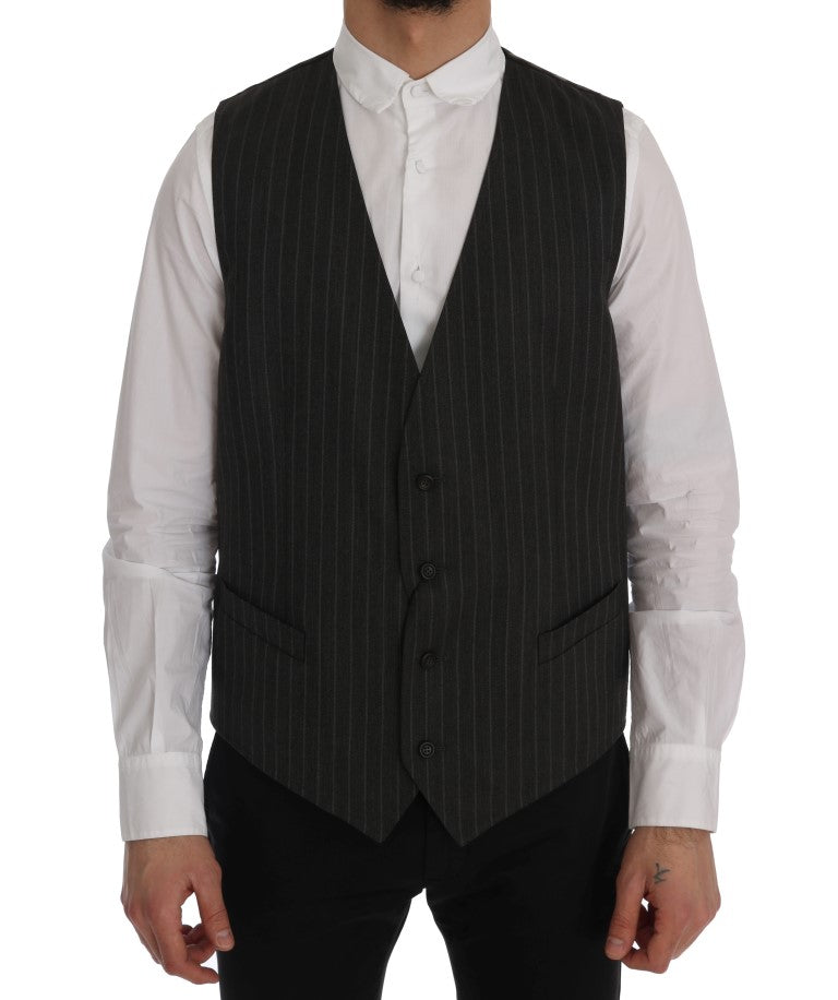 Elegant Striped Gray Wool Blend Waistcoat Vest