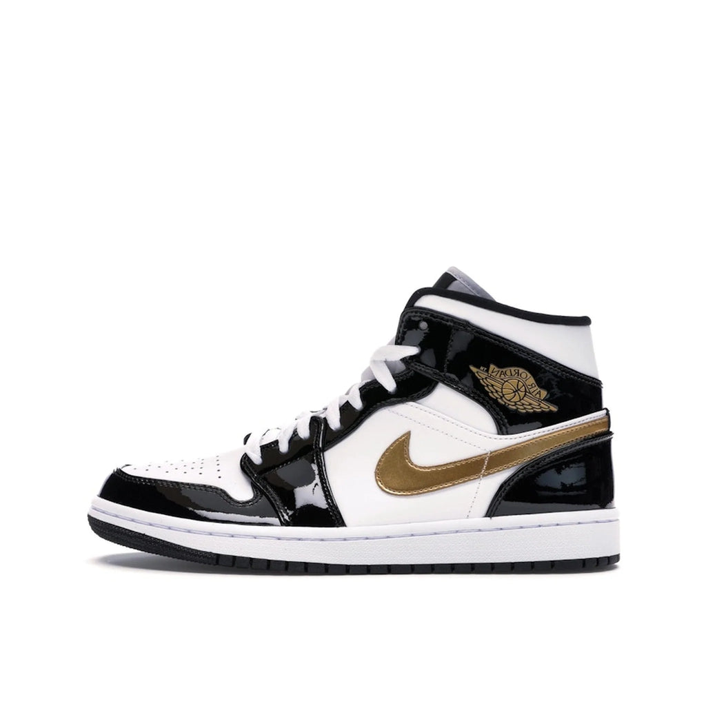 Jordan 1 Mid Patent Black White Gold