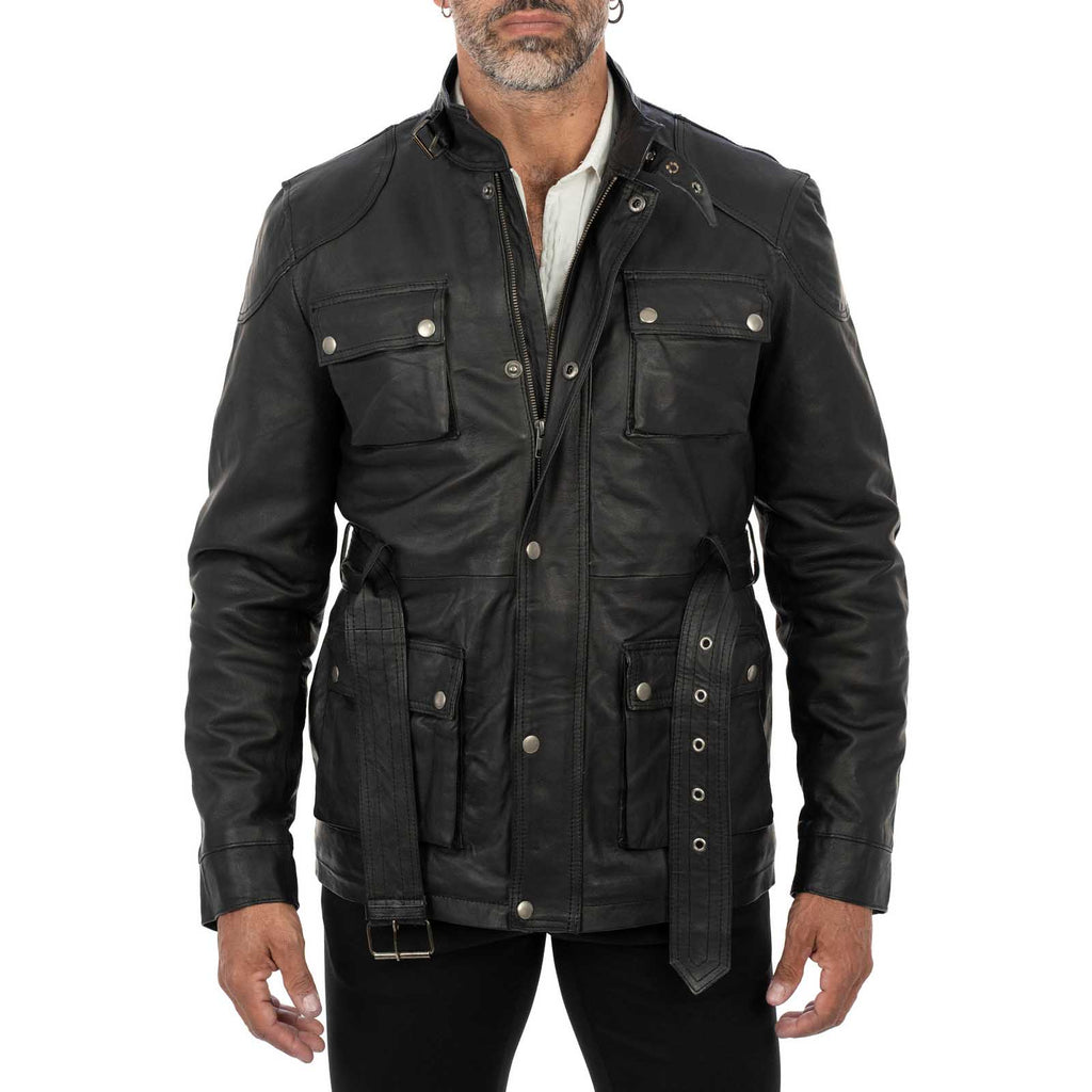 Giaccone Giacca Lungo In Vera Pelle Nera Uomo Slim Con Tasconi e Cintura Vita Rindway