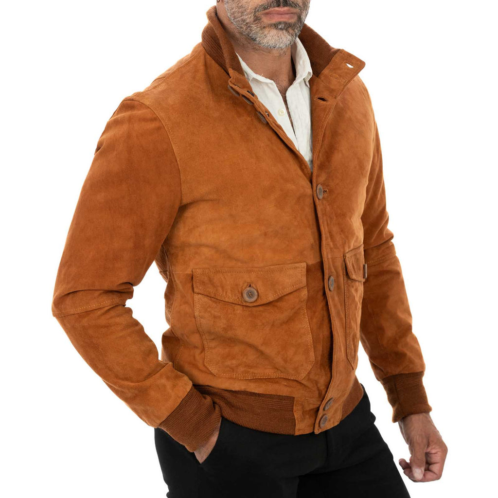 Giacca Bomber In Vera Pelle Camoscio Bruciato Uomo Slim Con Bottoni E Tasconi Rindway