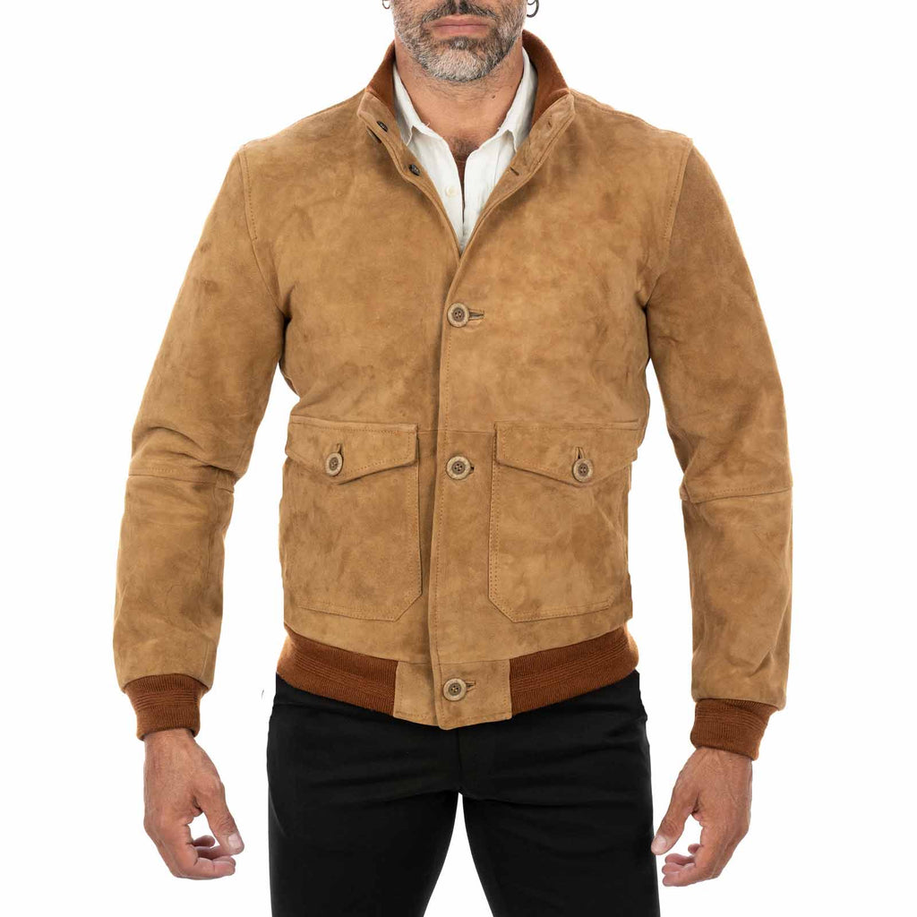 Giacca Bomber In Vera Pelle Camoscio Tortora Uomo Slim Con Bottoni E Tasconi Rindway