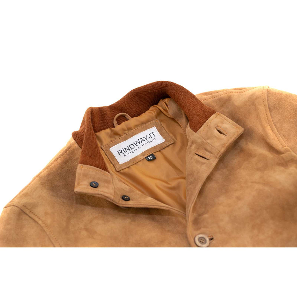 Giacca Bomber In Vera Pelle Camoscio Tortora Uomo Slim Con Bottoni E Tasconi Rindway