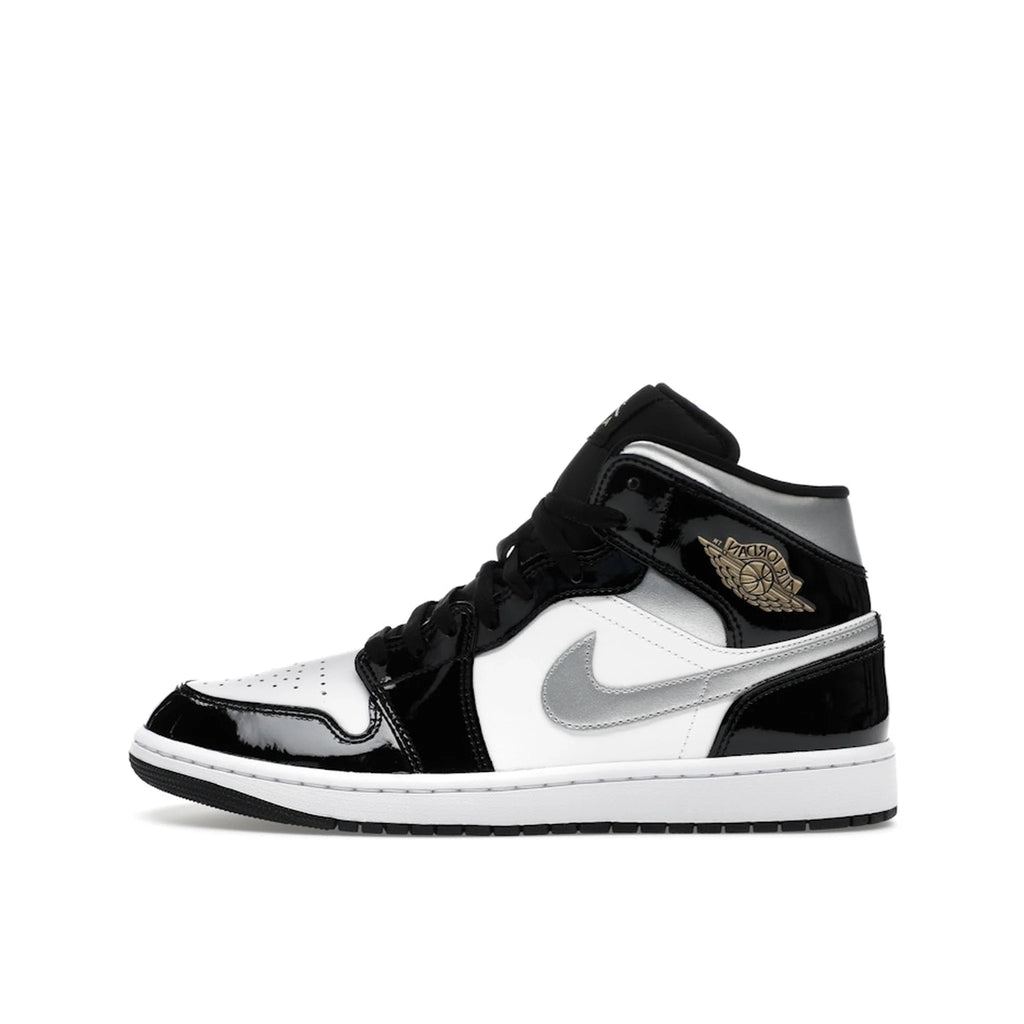 Jordan 1 Mid SE Patent Black White Metallic Silver Metallic Gold