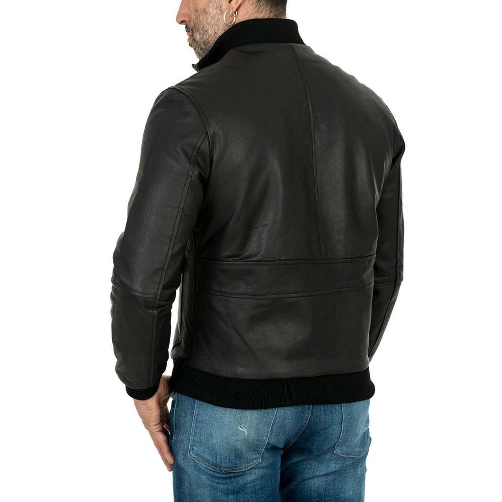 Giacca Bomber In Vera Pelle Nera Uomo Slim Con Bottoni E Tasconi Rindway
