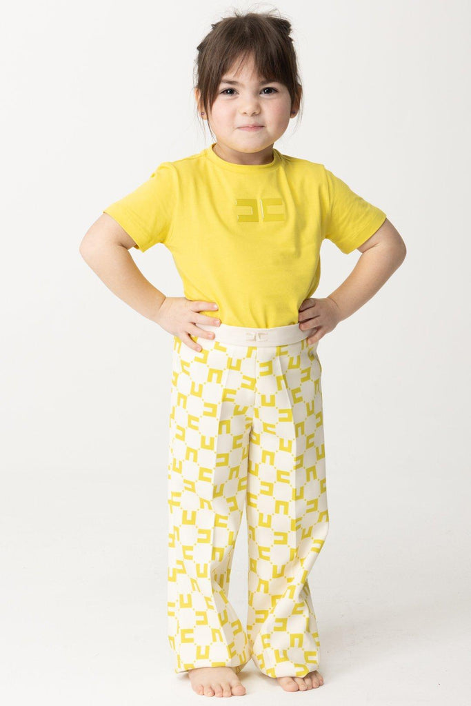 ELISABETTA FRANCHI La Mia Bambina PANTALONE DOPPIO CREPE STAMPA LOGO CUBICO BURRO/CEDRO