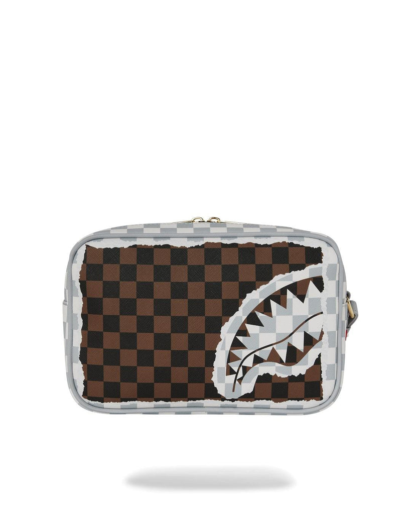 SPRAYGROUND CREAM BROWN TEAR CHECK TOILETRY BAG