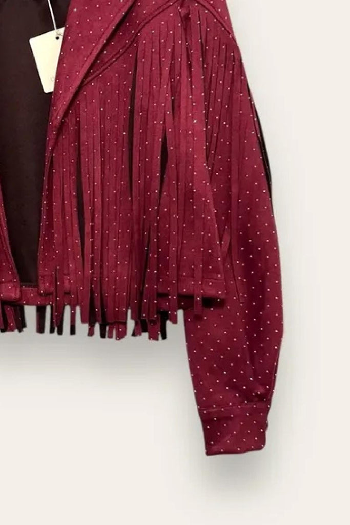 LOVEme Giacca corta in dainetto con frange e strass