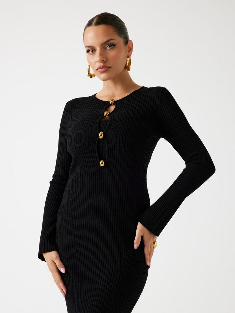 GUESS MARCIANO AGATHE RIBBED LS MIDI DRESS