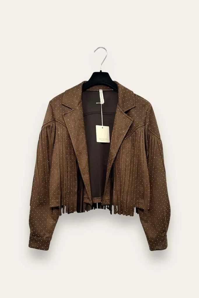 LOVEme Giacca corta in dainetto con frange e strass