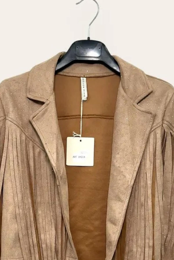 LOVEme Giacca corta in dainetto con frange e strass