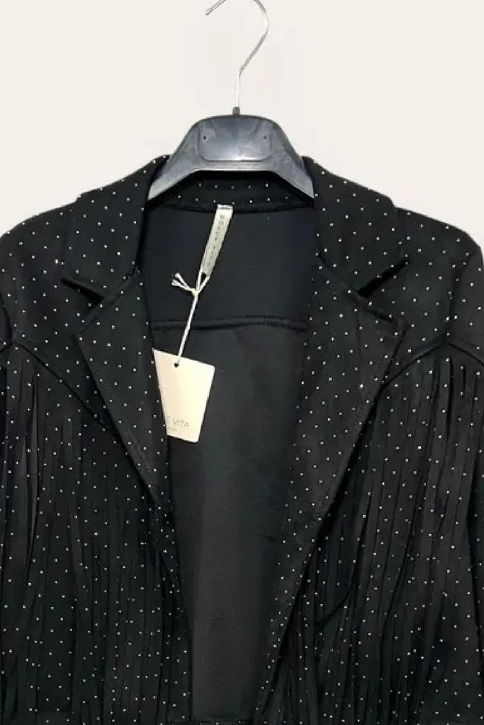 LOVEme Giacca corta in dainetto con frange e strass
